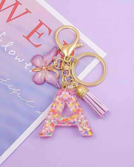 Fashion Alphabet Initial Letter Keychain Tassel Butterfly Pendant Key Ring for Purse Handbags Women Girl