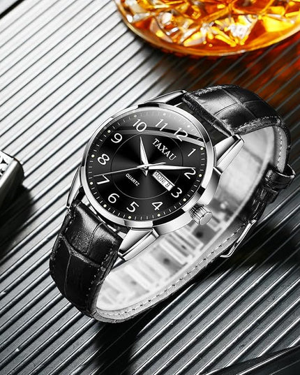 Men Dress Watch Waterproof Leather Watches for Men with Day Date Luxury Large Arabic Numerals Analog Quartz Classic Leather Watch Easy Read relojes para Hombres