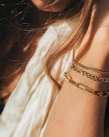 Waterproof Gold Chain Bracelet For Women Non Tarnish,14K Gold Plated Link Dainty Bracelets Stake Layered Bracelet Set Hypoallergen Gold Jewelry