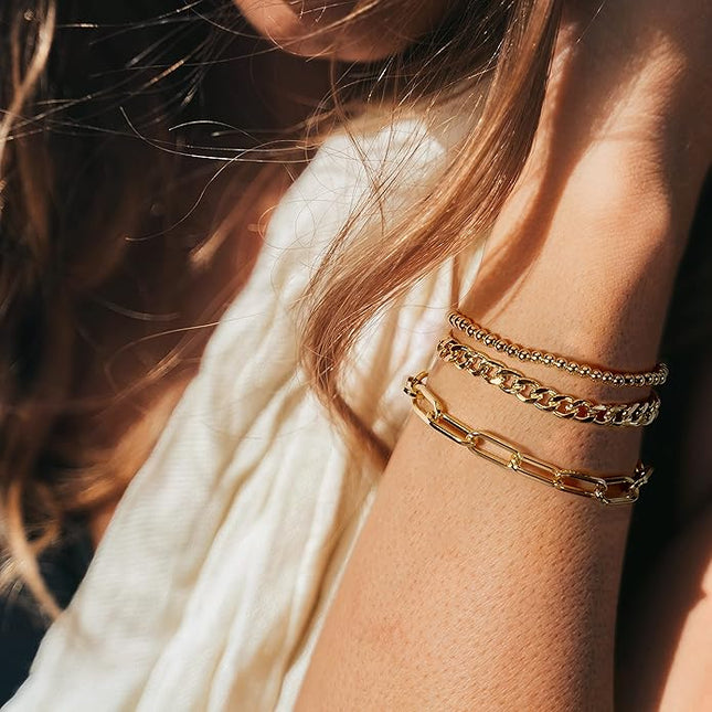 Waterproof Gold Chain Bracelet For Women Non Tarnish,14K Gold Plated Link Dainty Bracelets Stake Layered Bracelet Set Hypoallergen Gold Jewelry