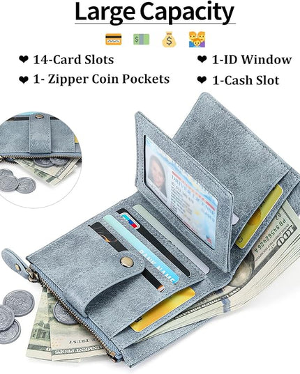 FALAN MULE Small Wallet for Women Leather RFID Blocking Bifold Credit Card Holder with Zipper Coin Pocket