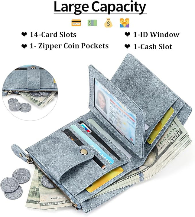 FALAN MULE Small Wallet for Women Leather RFID Blocking Bifold Credit Card Holder with Zipper Coin Pocket