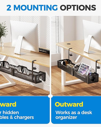 [Upgraded] Extra Large Under Desk Cable Management, Cinati 25" Wire Organizers No Drill, Cable Tray with Clamp for Wire Management, Cord Organization Box for Office, Home - No Damage to Desk(Black)