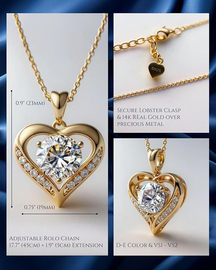 Moissanite Necklace for Women - 14k Gold Heart Necklaces - Moissanite Pendant 2 - 3 Carat - Christmas Gifts for Women - Jewelry Gift for Anniversary, Girlfriend Birthday - Jewelry for Wife from Husband