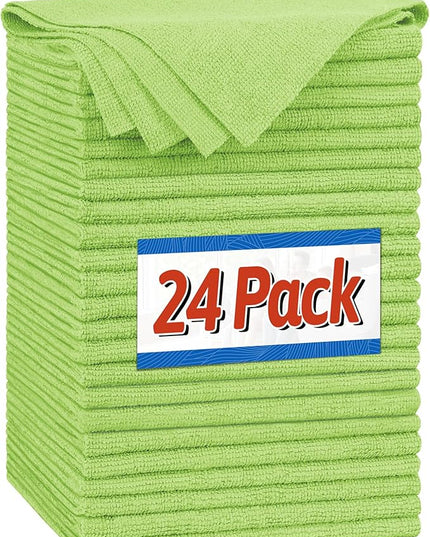 FIXSMITH Microfiber Cleaning Cloth, Shop Towels Bulk, 24 Pack Green Microfiber Towels for Cars, All-Purpose Absorbent Cleaning Rags, Dust Cloth for Automotive, Mechanic, Garage, Bar, 12 x 11 inch