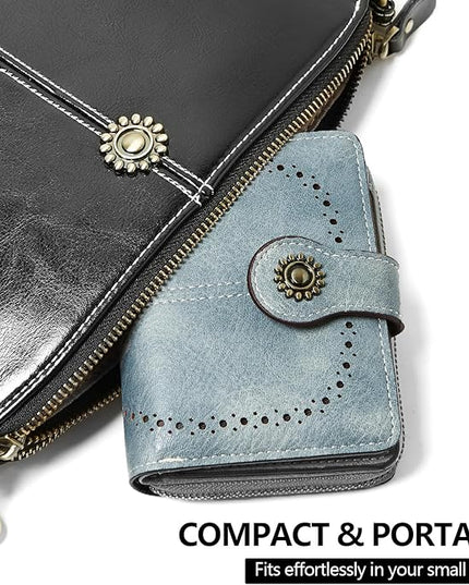 TFKGS Small Womens Wallet Leather RFID Blocking Bifold Compact Card Holder Ladies Zipper Accordion Pocket with ID Window Blue