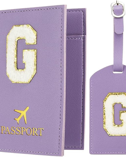 PATIKIL Passport Holder for Travel, Initial Passport Cover and Luggage Tag Set with Alphabet Chenille Letter Patch Travel Wallet Bag Suitcase Identifier for Women Family Travel Purple G