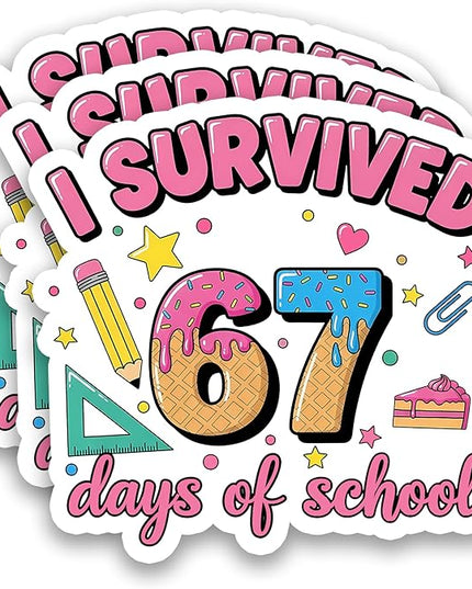 (3Pcs) I Survived 67 Days of School Sticker Funny 67 Ice Cream Teachers Students Vinyl Decals Waterproof for Water Bottle, Tumbler, Laptop, Phone Case, 3" x 2.9"