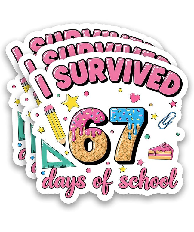 (3Pcs) I Survived 67 Days of School Sticker Funny 67 Ice Cream Teachers Students Vinyl Decals Waterproof for Water Bottle, Tumbler, Laptop, Phone Case, 3" x 2.9"