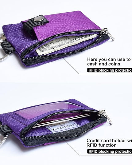 Minimalist RFID Blocking Small Wallet with ID Window,WaterResistant Zip Id Case Wallet with Lanyard Keychain for Cards,Cash,Travel,Women,Men