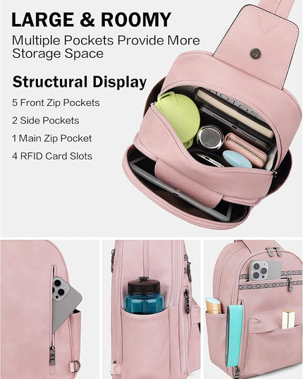 FADEON Large Sling Bag for Women, Leather Crossbody Purse Designer Anti Theft Sling Backpack, RFID Fanny Packs for Travel