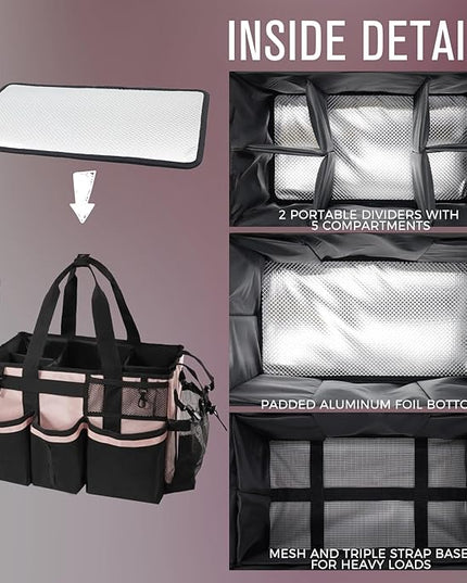 Wearable Cleaning Caddy, Cleaning Caddy Supplies Organizer with Handle & Shoulder Straps for Housekeepers, Under Sink & Car Cleaning Tool Organizers Bag with 4 Foldable Divider (Pink)