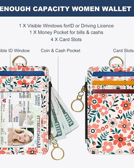 Slim Wallet Credit Card Holder, Orange Floral Print X, RFID Wallet Women Cute Small Front Pocket Wallet With Zipper, PU Leather Thin travel RFID Blocking Card Case ID Window,Ladies Gifts