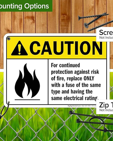 Warning For Continued Protection Against Risk Of Fire Replace Sign, 10x7 Inches, 55 mil thick HDPS (high density polystyrene), Made in USA by My Sign Center