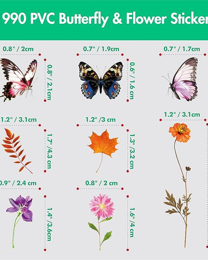 1990 PCS PVC Flower & Butterfly Stickers, Self-Adhesive Nature Floral Stickers for Scrapbook, Laptop, Journal, DIY Project, Spring-Themed Party Decors