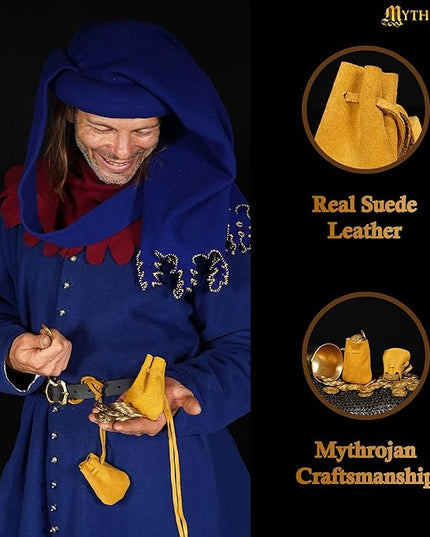Mythrojan Small Trinket Pouches Suede Leather Drawstring Coin & Dice Bags for LARP, SCA, Viking & Medieval Events (Yellow - Pack of 4)