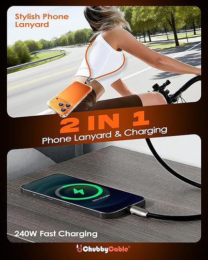 chubbycable Crossbody Strap for iPhone 17 Series 240W USB-C Phone Lanyard Charging Cable with Anti-Theft Lock, Wrist/Neck Strap Fast Charge & Data Transfer,Orange,3.94FT
