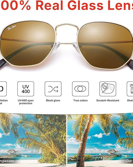 Pro Acme Small Square Sunglasses for Women Men 100% Real Glass Lens Hexagonal Frame