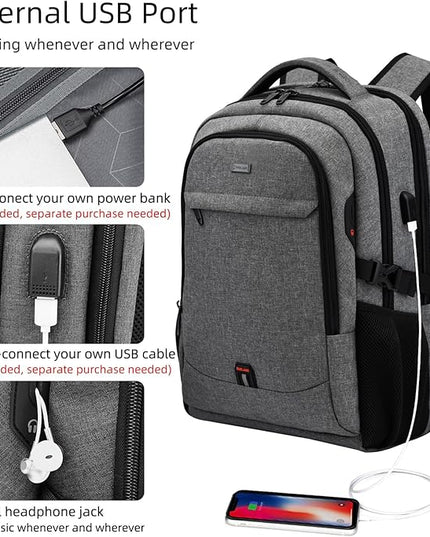 DUSLANG 17 Inch Travel Laptop Backpack Water Resistant College Backpack for Men/Women Laptop Bag with USB Charging Port, Light Grey and Black
