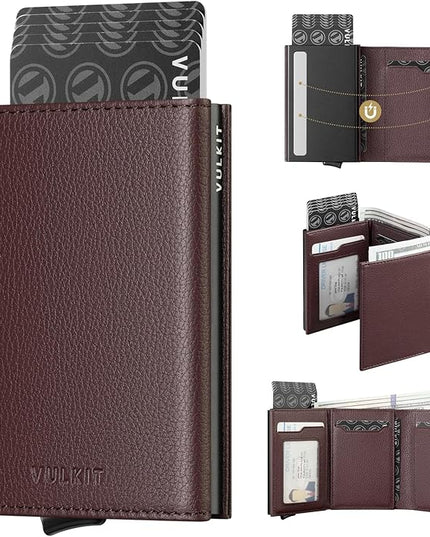 VULKIT Pop up Card Wallet Minimalist Cash Wallets RFID Blocking Leather Smart Credit Card Holder with ID window for Men