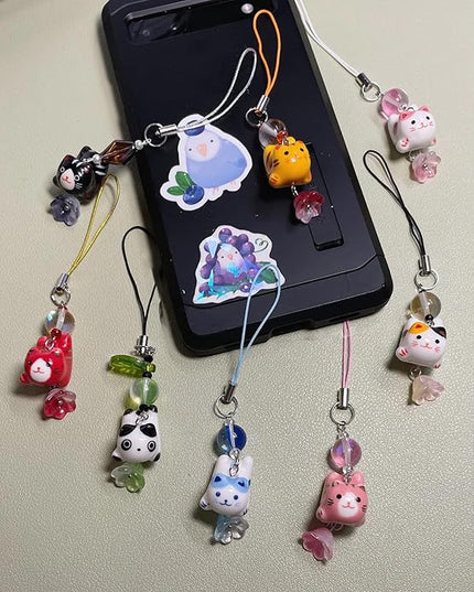 Agromusk Cat Phone Charms,Cute Lucky Kitty Beaded with Flower Phone Strap,Kawaii Y2K Bag Decor Aesthetic Cat Charm Accessories
