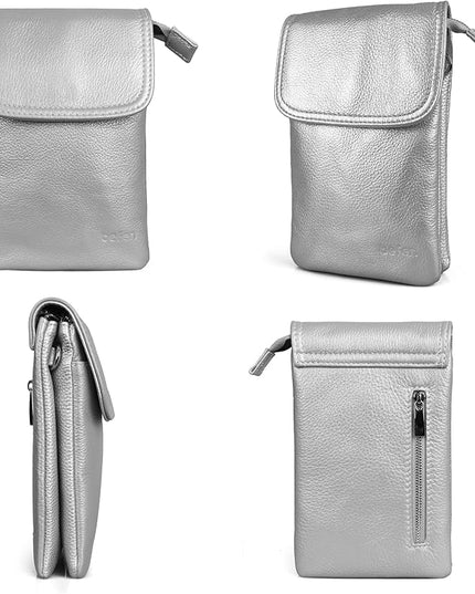 befen Genuine Leather Small Crossbody Bags for Women Cell Phone Bag Cross Body Purses,Silver Zipper