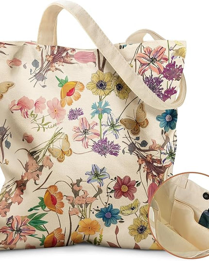 Aesthetic Tote Bag for Girls - with Magnetic Buckle and Zipper Inner Pocket for Women Lady Canvas Cotton Tote Bag