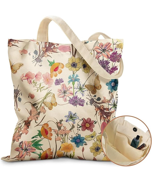 Aesthetic Tote Bag for Girls - with Magnetic Buckle and Zipper Inner Pocket for Women Lady Canvas Cotton Tote Bag