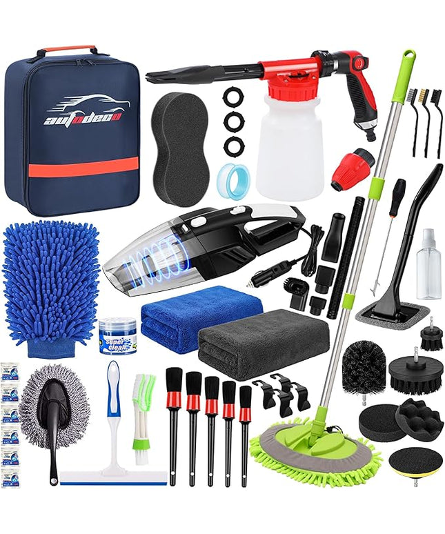 AUTODECO 43Pcs Car Wash Detailing Kit Cleaning Kits with Foam Gun Sprayer Long Handle Mop Car Vacuum Drill Brush Large Wash Mitt Towels Complete Interior Exterior Car Washing Supply Set Blue