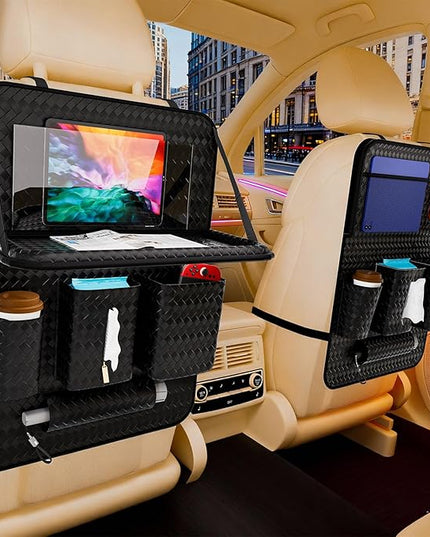 Car Back Seat Organizer, Black Woven Leather Storage Bag, Multifunctional Rear Seat Protector with Tablet Holder, 25.2x17.7 Inches, Abrasion Resistant (black)