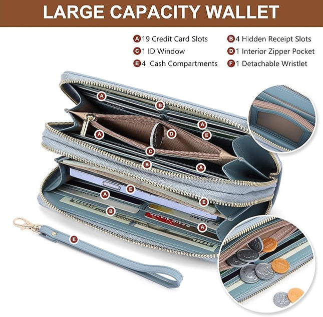 yiijay Womens Wallet RFID Blocking Large Capacity Leather Double Zip Wristlet Wallet Credit Card Phone Holder Ladies Clutch Purse Flora