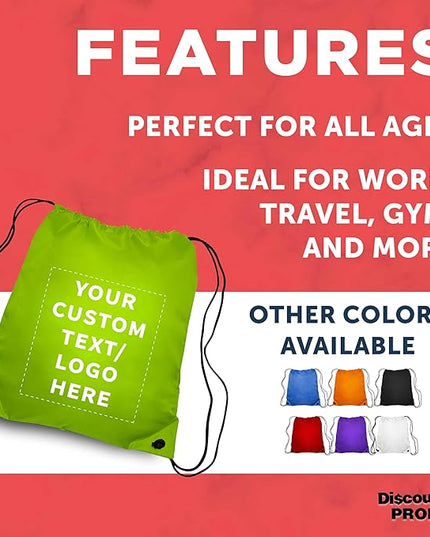 DISCOUNT PROMOS Custom Classic Polyester Drawstring Bagpack Set of 10/50/100, Personalized Bulk Pack - Great for Travelling, Gym and for Everyday Use - Lime Green