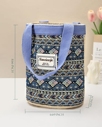 Women Tote Bag,Small Jute Casual Tote's Handbag Embroidered Personalized Bucket Bag,Reusable Grocery Shopping Bags