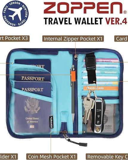 ZOPPEN Passport Holder Family RFID Passport Wallet, Passport Holder Women/Men, Travel Wallet Documents Organizer Zipper Case with Removable Wristlet Strap, Travel Essentials for Flying