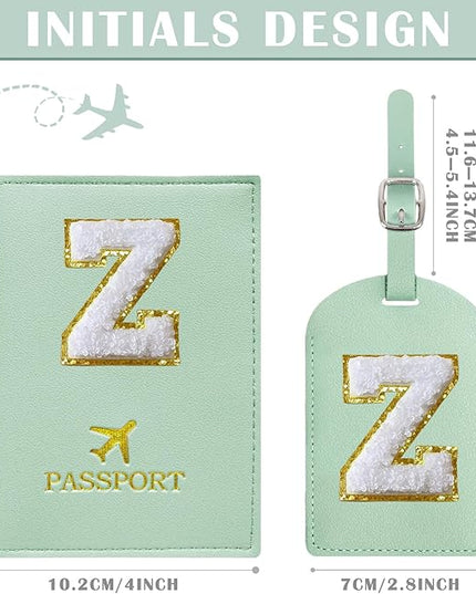 COSHAYSOO Green Passport Cover and Initial Luggage Tag Set TSA Approved with Preppy Chenille Letter Patch for Women Girl Teens, 2023 Trendy Travel Bag Backpack Suitcase Identifier Essential Gifts (Z)