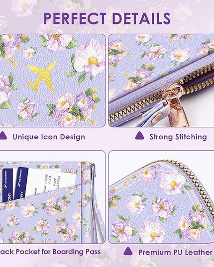 Passport Holder, Passport Holder For Travel, Passport Cover For Travel Essentials, Passport Wallet Cover RFID Blocking, Cute Passport Book for Women and Men, Purple Flowers