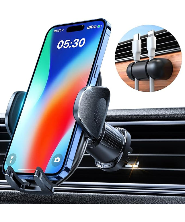 YRU Phone Holders for Your Car [2026 Upgraded Military Metal Hook], Cellphone Holder Car[No Fear of Bumps] Vent Phone Mount Truck Compatible with iPhone17 16 15 14 13 12 Samsung Android, Grey
