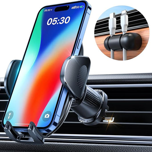 YRU Phone Holders for Your Car [2026 Upgraded Military Metal Hook], Cellphone Holder Car[No Fear of Bumps] Vent Phone Mount Truck Compatible with iPhone17 16 15 14 13 12 Samsung Android, Grey