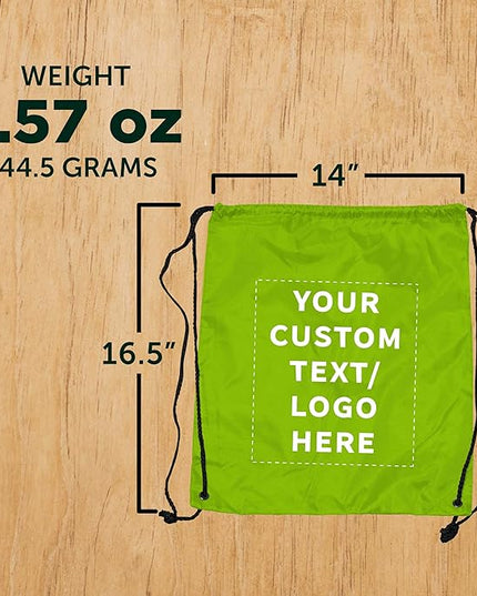 DISCOUNT PROMOS Custom Classic Polyester Drawstring Bagpack Set of 10/50/100, Personalized Bulk Pack - Great for Travelling, Gym and for Everyday Use - Lime Green