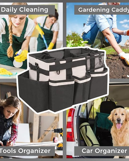Wearable Cleaning Caddy, Cleaning Caddy Supplies Organizer with Handle & Shoulder Straps for Housekeepers, Under Sink & Car Cleaning Tool Organizers Bag with 4 Foldable Divider (Beige)