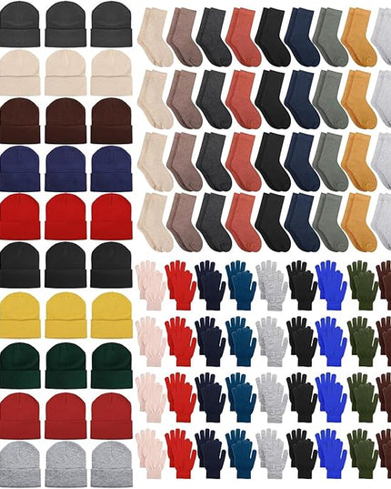 Hillban Winter Beanie Hat Gloves Set with Warm Socks Bulk, Homeless Knitted Beanie Cap Thick Thermal Winter Gloves Socks Pack