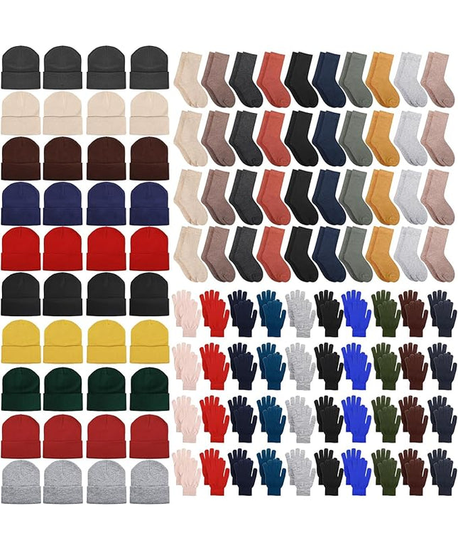 Hillban Winter Beanie Hat Gloves Set with Warm Socks Bulk, Homeless Knitted Beanie Cap Thick Thermal Winter Gloves Socks Pack