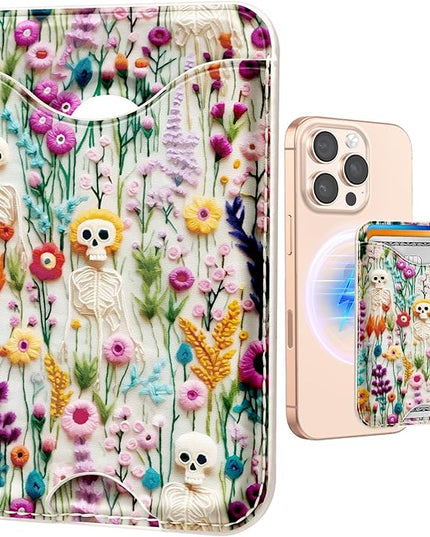 Shorogyt Compatible with Magsafe Wallet Magnetic Card Holder - Skull Flower Phone Wallets for Women Teen Girls Cute for iPhone 17/16/15/14/13/12 Series Slim for Apple Mag RFID Magnet, Fit 3 Cards