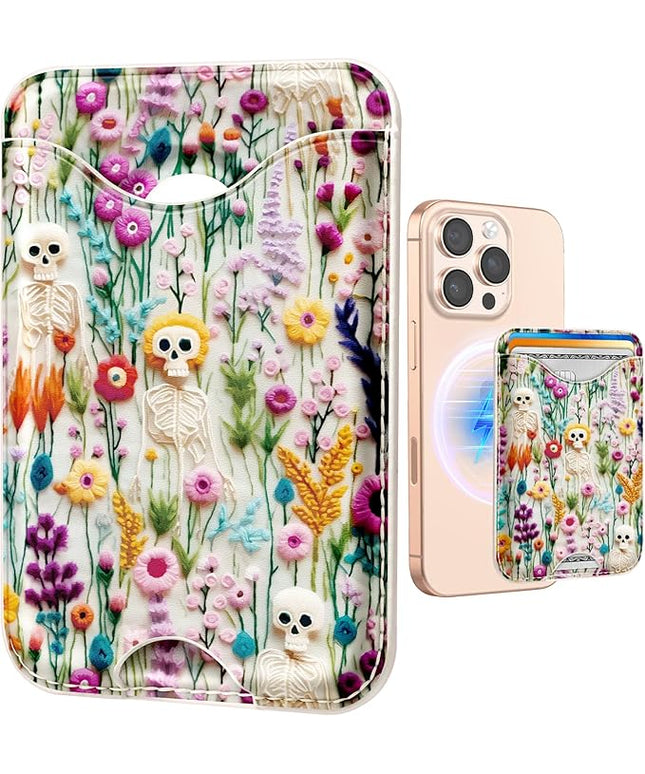Shorogyt Compatible with Magsafe Wallet Magnetic Card Holder - Skull Flower Phone Wallets for Women Teen Girls Cute for iPhone 17/16/15/14/13/12 Series Slim for Apple Mag RFID Magnet, Fit 3 Cards