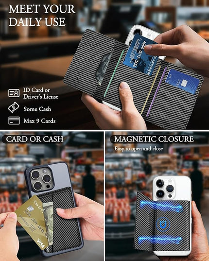 TopMade for MagSafe Wallet, Strongest Magnetic Card Holder for iPhone 17/16/15/14/13/12 Series, Minimalist Leather Trifold Magnetic Phone Wallet, 9 Cards Holder, RFID Blocking, Carbon Fiber Black