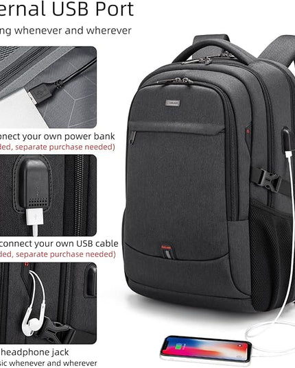 DUSLANG 17 Inch Laptop Backpack for Travel Water Resistant College Bookbag for Men/Women Laptop Bag with USB Charging Port and Tablet Sleeve Bag Compatible Protective Case, Black