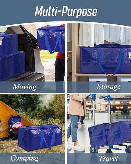 12 Pack Extra Heavy Duty Large Moving Bags with Strong Zipper & Comfortable Handles, Sturdy & Durable Clothes Storage Bags Totes Bins, Packing Moving Boxes for College Supplies, Blue