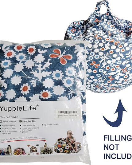 YuppieLife Stuffed Animal Storage Bean Bag Chairs Canvas Cover for Kids(Just Cover，No filling）/Machine Washable Toddler Sofa Cover for Room Decor/Durable Eco-print furniture(38'',Insect Paradise)