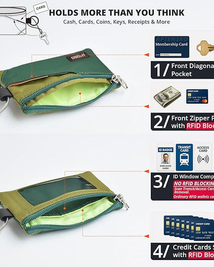 RFID Travel Wallet with Adjustable Lanyard-Zipper Small Wallet with ID Card Holder, Keychain for women&men-Minimalist Slim Waterproof Nylon case for ID, Cash, Key (ForestGreen+OliveGreen)