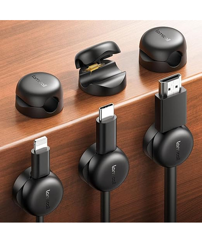 Lamicall Cable Clips, Spring Cord Organizer Holder - 6Pack Compact Desk Cable Management Clips, Nightstand Phone Charging Cord Holder, 8mm Slot Adhesive Wire Organizer, Desk Office Accessory